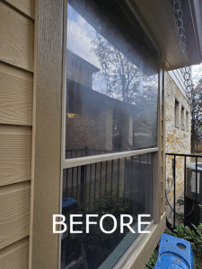 Before window cleaning in Austin TX showing dirty exterior glass with buildup and streaks on residential home window