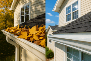 Professional gutter cleaning in Austin: side-by-side view of a gutter filled with debris versus a clean gutter system to prevent water damage